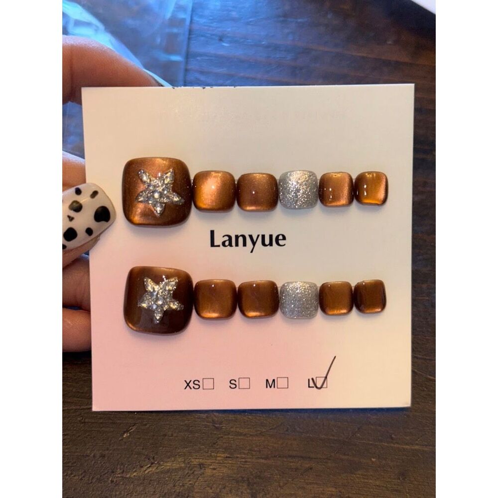 Brown & Silver Glitter Star Press On Toe Nails Size Large
